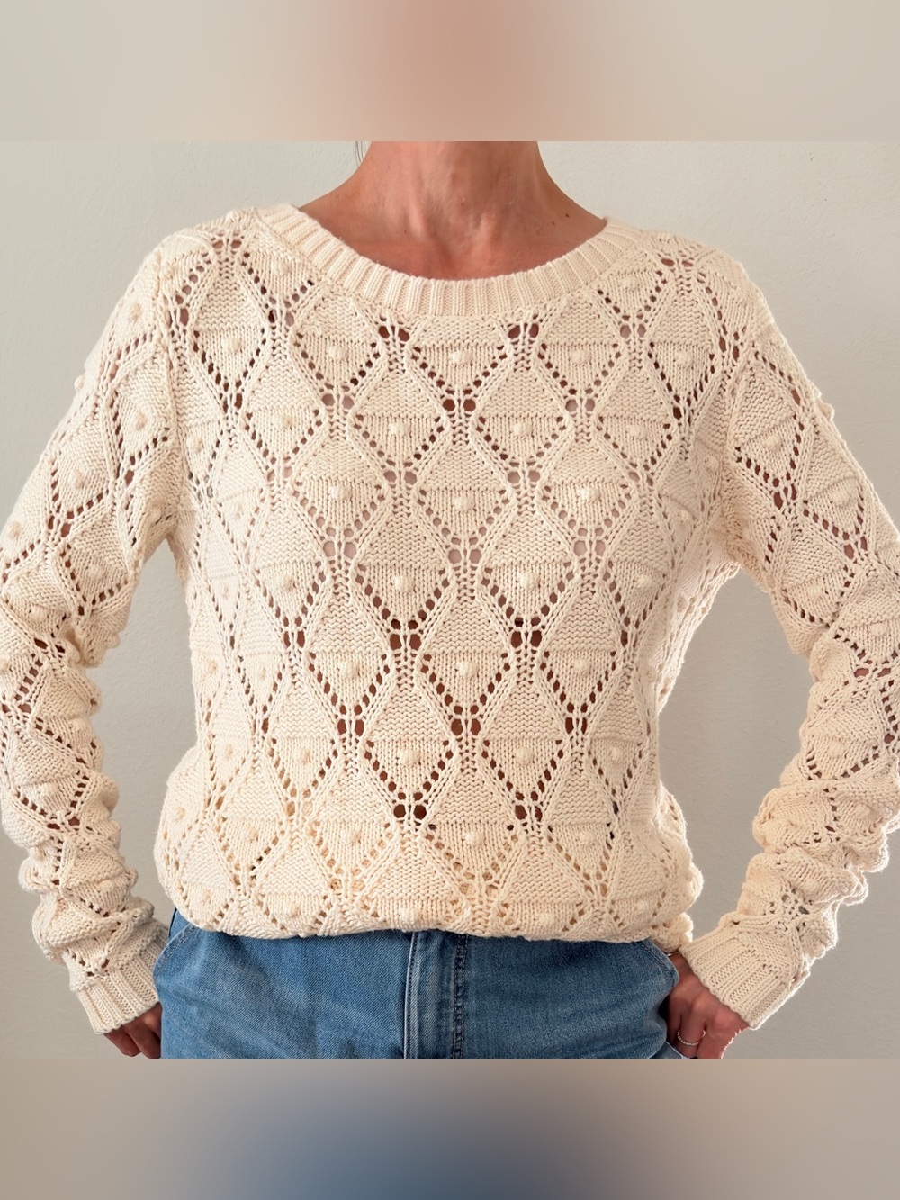 Tommy Hilfiger Cream Open-Knit Crewneck Sweater EUC